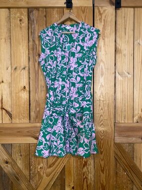 Floral Print Tie-Waist Dress in Green and Pink